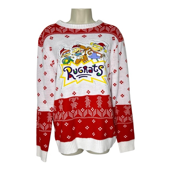 RUGRATS Nickelodeon Ugly Christmas Sweater Red and White Knit Logo Top - Picture 1 of 10